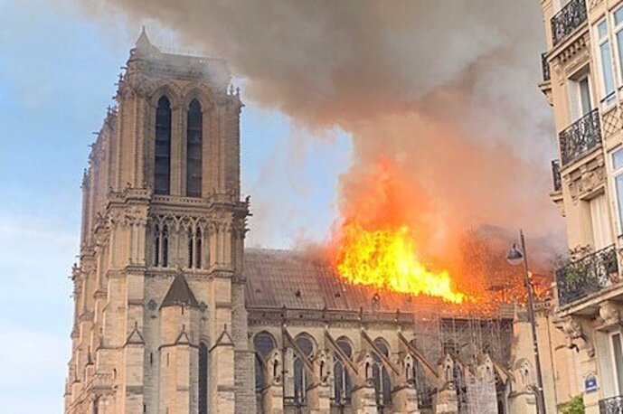 Notre-Dame de Paris during the fire on April 15, 2019