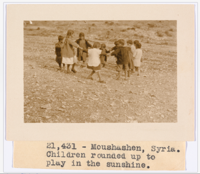 Original inscription_ “Children rounded up to play in the sunshine”.  Image was possibly produced by the Near East Foundation. Metadata added_ Armenian Genocide.   Moushashan,1930’s,Syria Nigol Bezjian Collection. Courtesy of the Arab Image Foundation